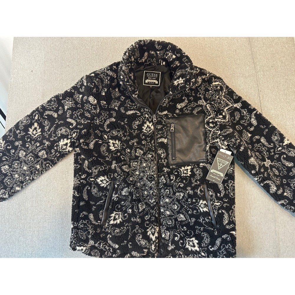 Guess Mens Paisley Sherpa Fleece Jacket Black White Full Zip Faux Leather Pocket